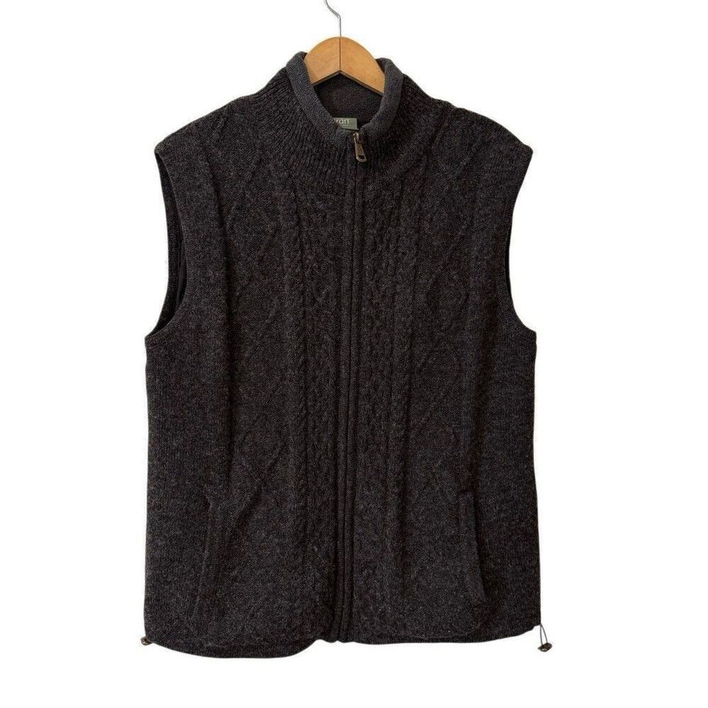 Aran Mens Woollen Mills Sweater Vest Large Gray Wool Fisherman Full Zip